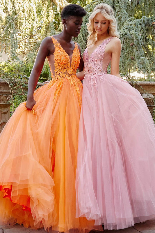 Princess V-neck 3D Flower Prom Dress Sexy A-line Tulle Vestidos De Noche Sleeveless Orange فساتين مناسبة رسمية