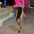 Shining Diamond Chain Sexy Slit Strapless Black Bandage Mini Dress Woman Birthday Party Dress Nightclub Party Outfit