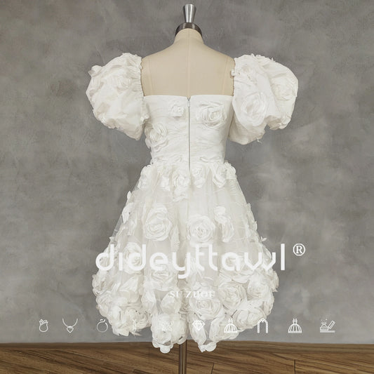 3D Blumen quadratische Nackenpuffärmel Kurzzeitparty Kleid A-Linie Reißverschluss Rücken Mini Länge Brautkleid