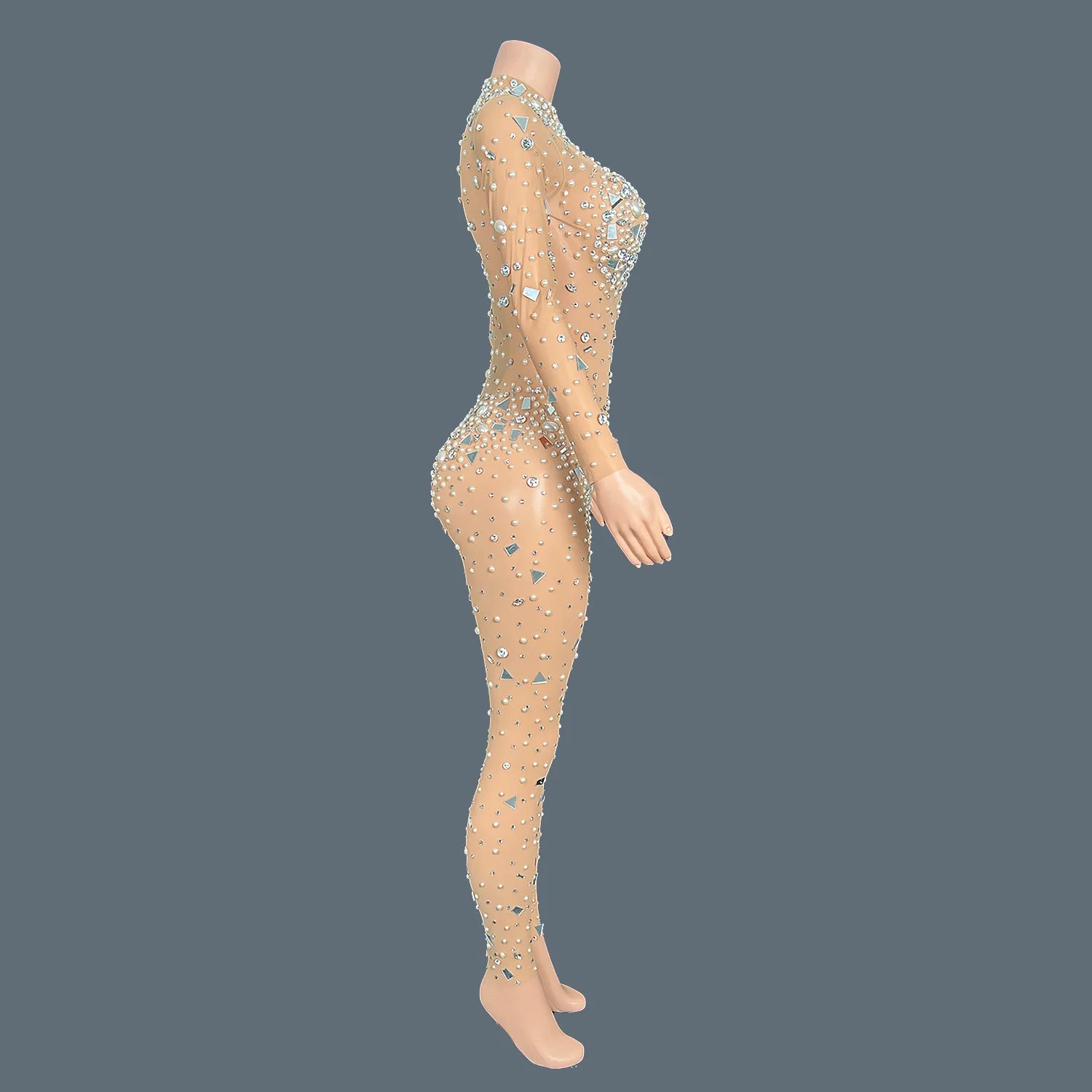 Women Mesh Geometric Sequins Long Sleeved Stretch Tight Jumpsuit Bar Nightclub DJ Female Singer Stage Performance Clothing Didi