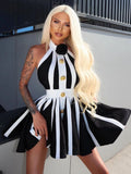 New Summer Women's Black and White Stripe Button 3D Rose Halter Backless Pleated Sexy Sleeveless Knitted Mini Dress