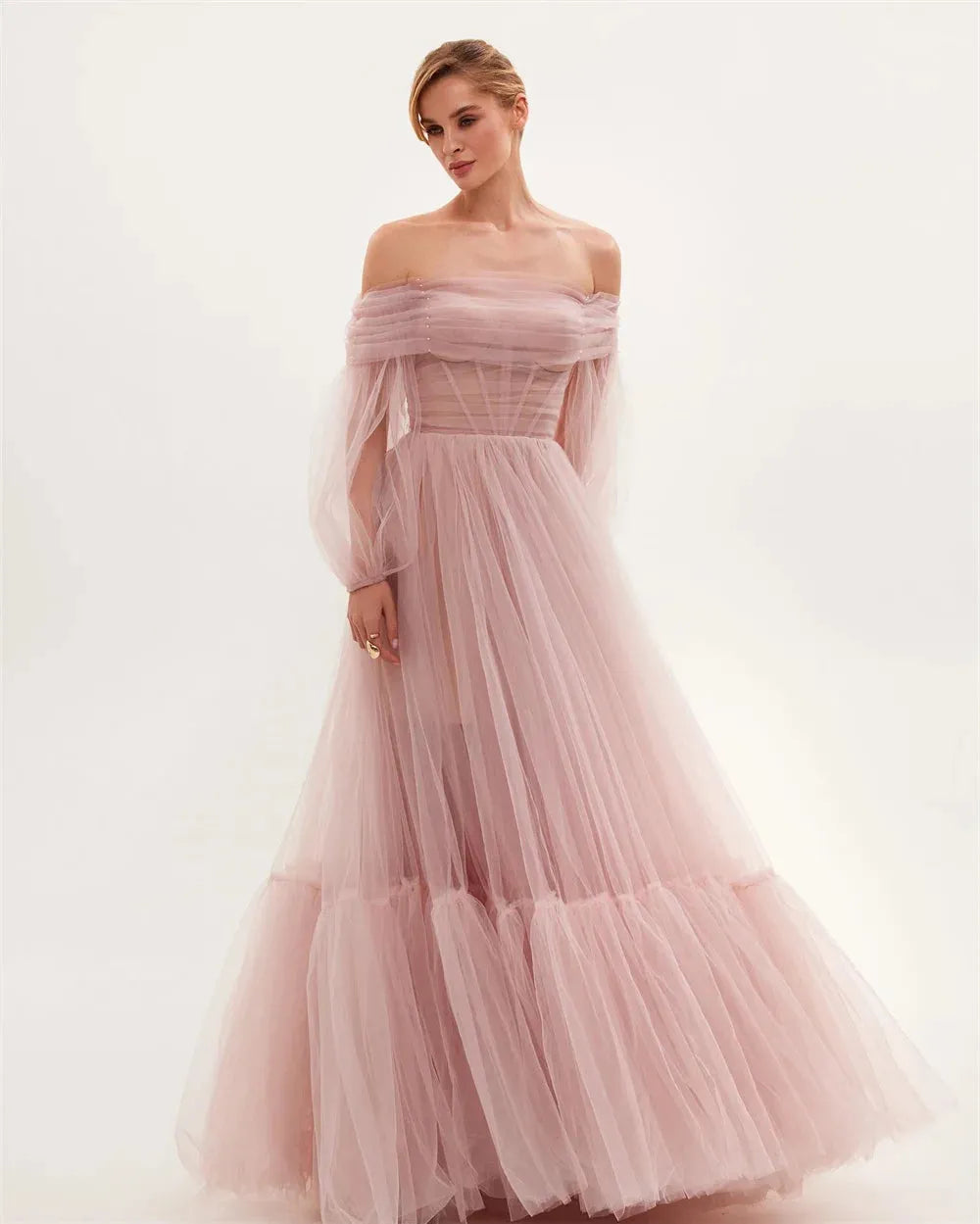 Pink Elegant Off Shoulder Prom Dress Sweet Puffy Sleeves A-line Tulle Vestidos De Fiesta Fluffy Feeling Party Dress as pic