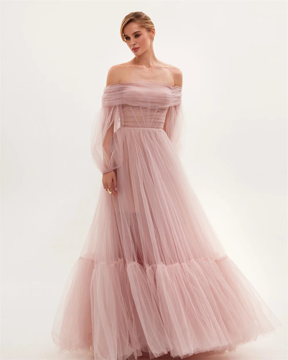 Pink Elegant Off Shoulder Prom Dress Sweet Puffy Sleeves A-line Tulle Vestidos De Fiesta Fluffy Feeling Party Dress