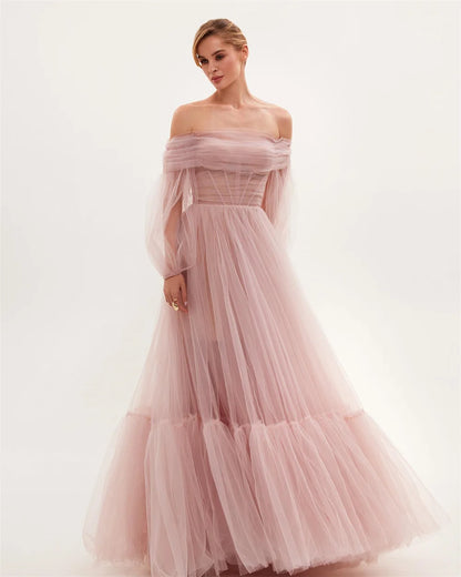 Pink Elegant Off Shoulder Prom Dress Sweet Puffy Sleeves A-line Tulle Vestidos De Fiesta Fluffy Feeling Party Dress