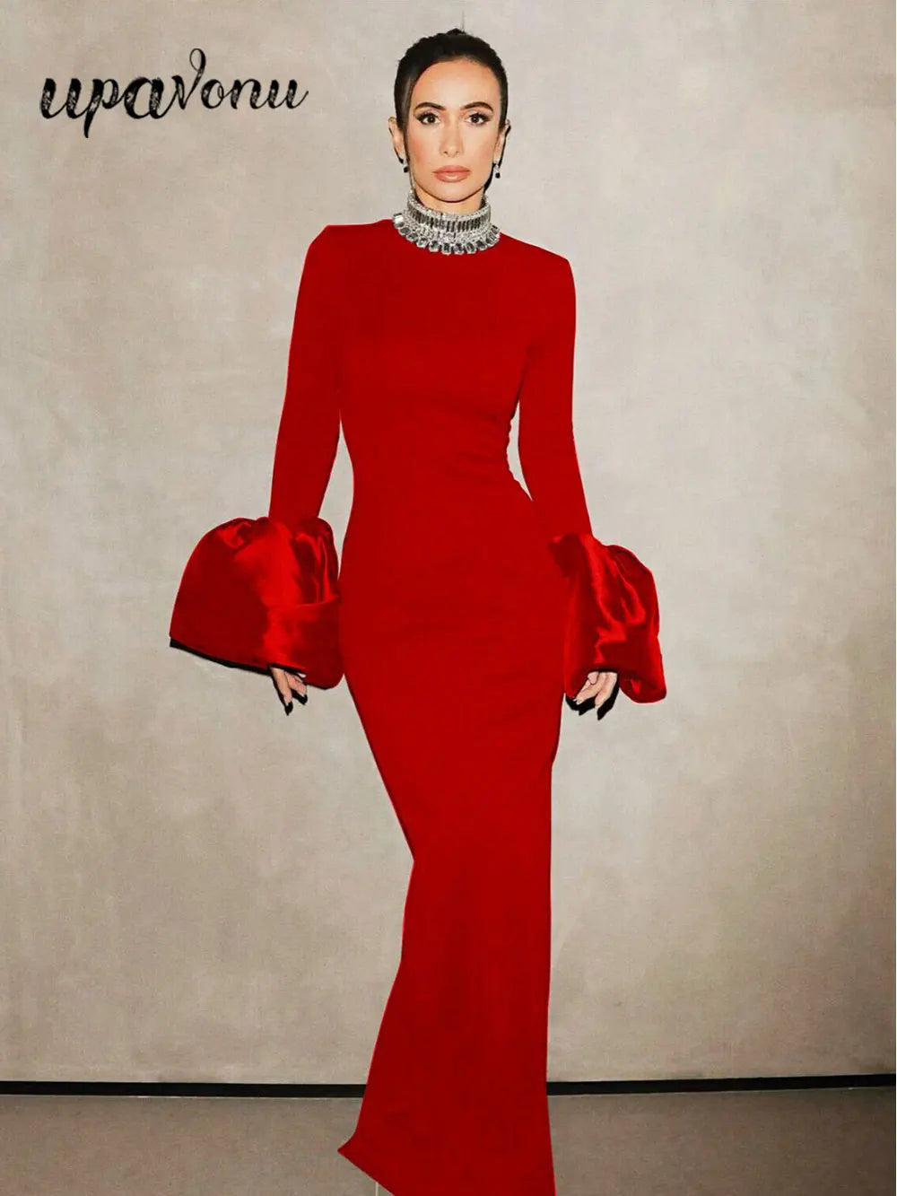 Women's Light Luxury Beaded Elegant Bandage Dress Stand Collar Horn Sleeve Bodycon Long Dresses Evening Club Party Vestidos