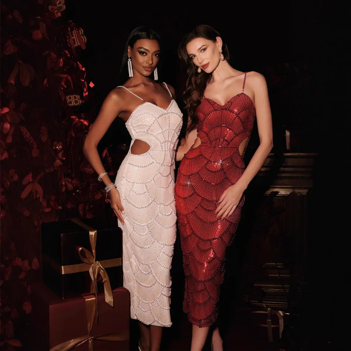 Shining Sequins Beading Hollow Out Spaghetti Strap Long Dress Woman Birthday Party Dress Sweet Dateing Outfit