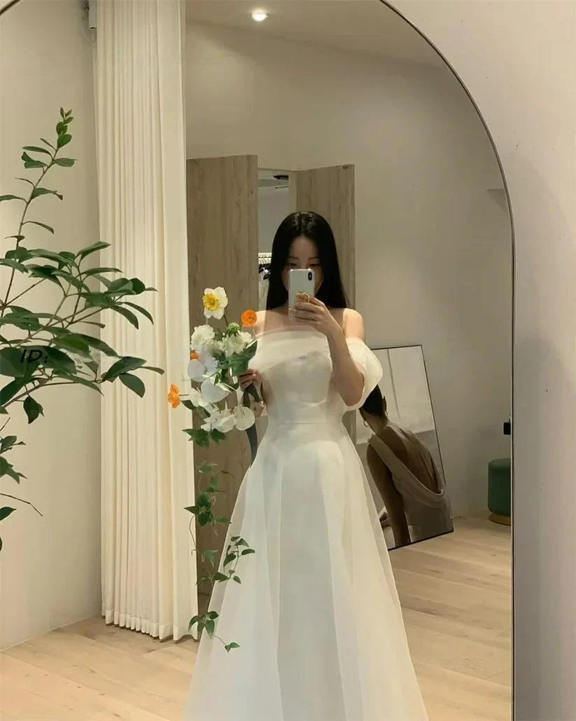 Trägerloser Organza maßgeschneiderte kurze Ärmel elegante Brautkleider A-Linie Elfenbein Korea Bräute Kleider Frauen Brautkleider