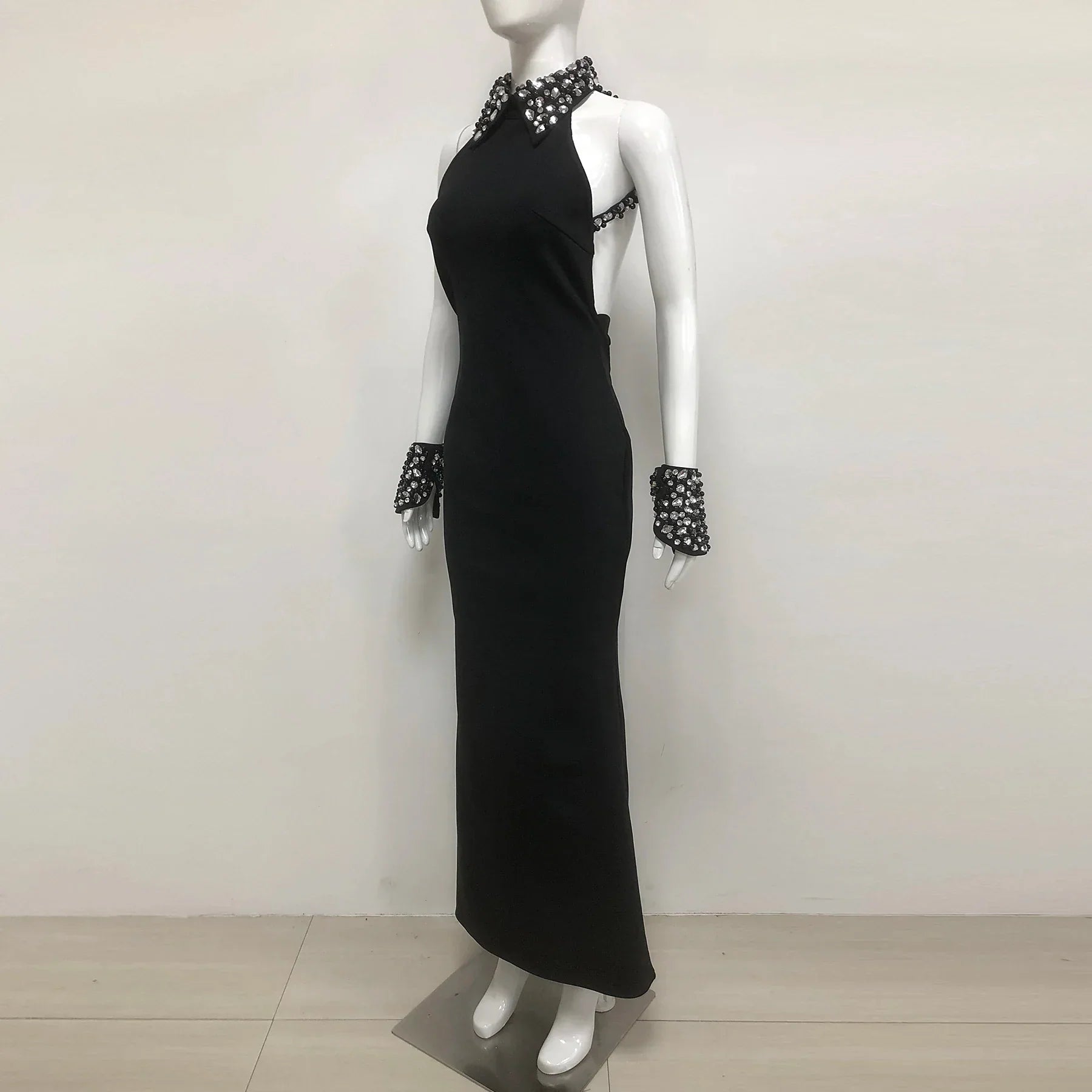 Luxury Diamond Neck Sexy Halter Sleeveless Steath Ankle Lenght Bandage Dress Graceful Woman Party Dress Birthday Party Vestido