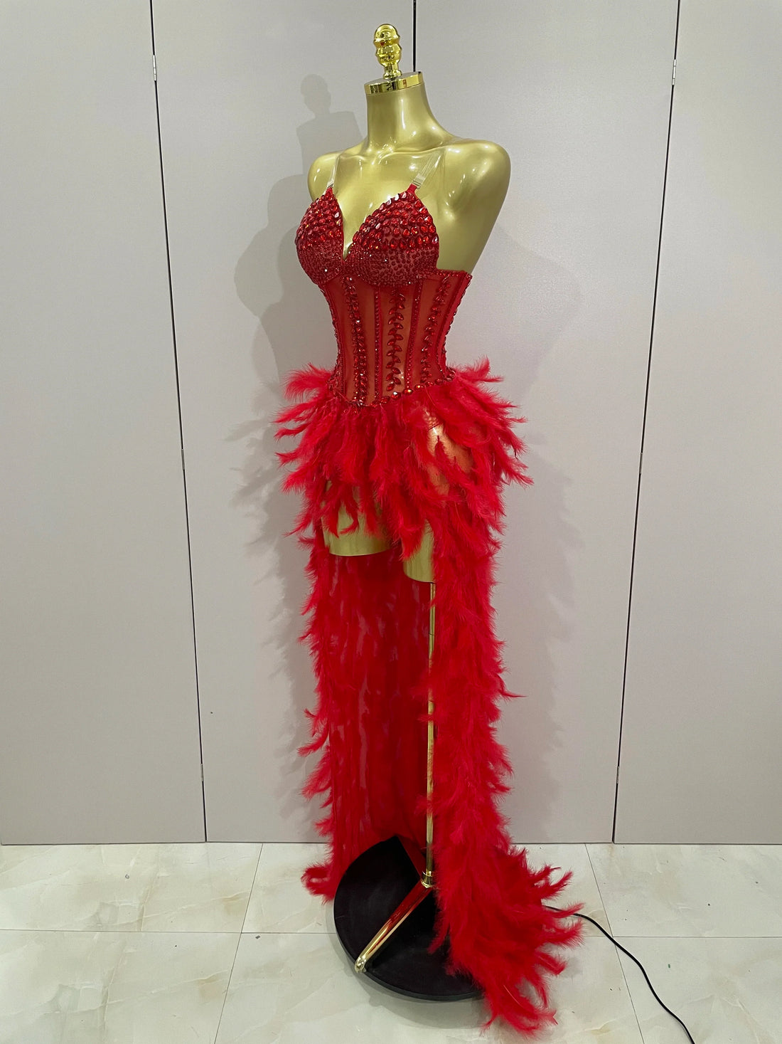 Luxury Sparkly Rhinestones Feathers Long Tail Dress Sexy Mesh Transparent Stage Bodysuit Evening Party Celebrate Birthday Dress Red