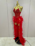 Luxury Sparkly Rhinestones Feathers Long Tail Dress Sexy Mesh Transparent Stage Bodysuit Evening Party Celebrate Birthday Dress