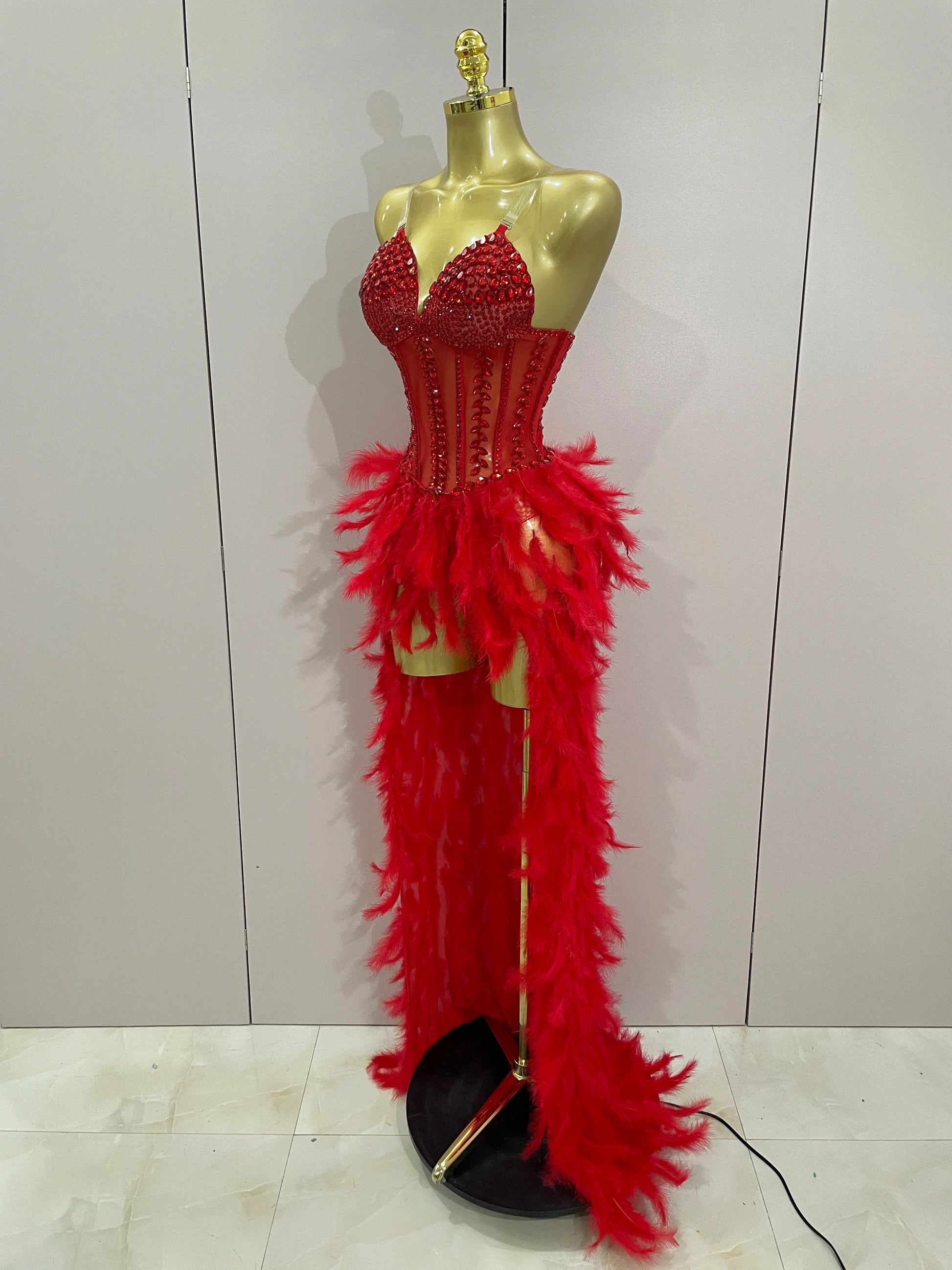 Luxury Sparkly Rhinestones Feathers Long Tail Dress Sexy Mesh Transparent Stage Bodysuit Evening Party Celebrate Birthday Dress