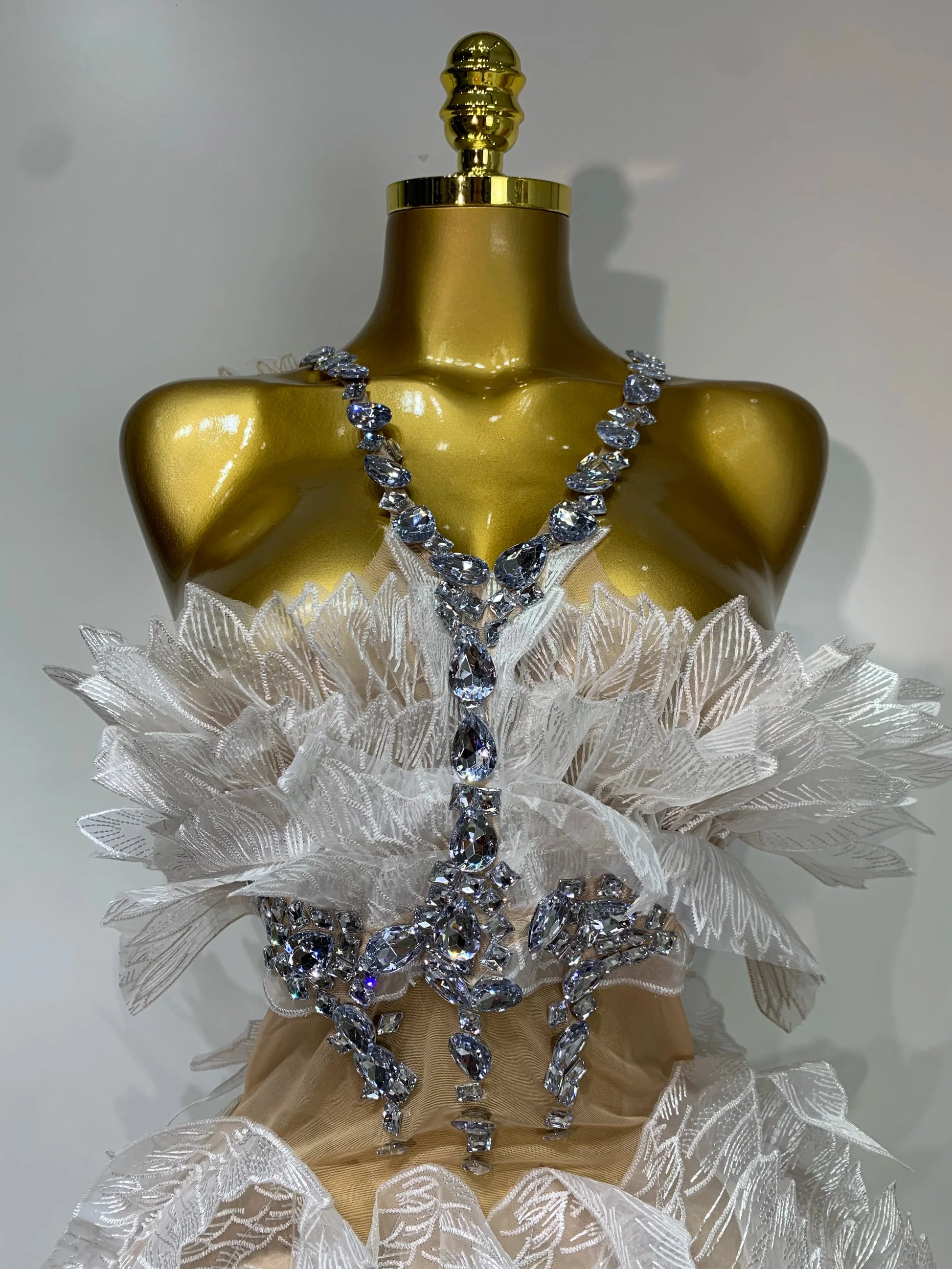 Luxury Birthday Dress Women Sexy White Crystal Transparent Wings Mini Dress Nightclub Evening Party Singer Stage Perform Costume