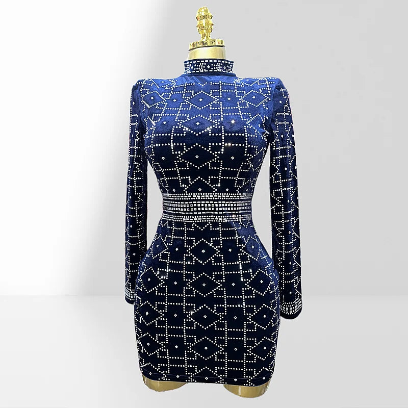 Dark Blue Velvet Luxury Diamonds O-neck Tuck Waist Mini Dress Fashion Woman Party Dress Celebration Birthday Vestido