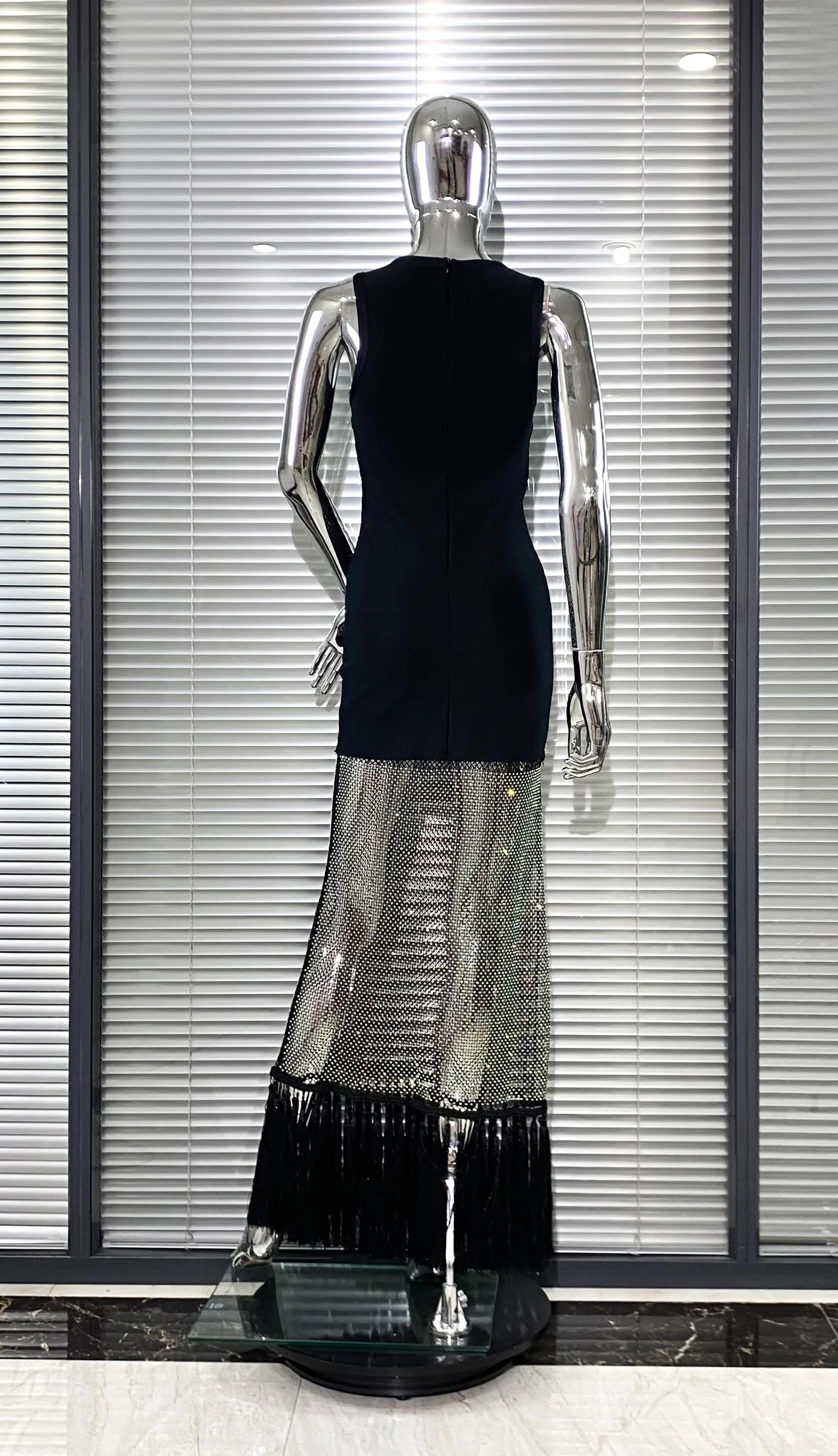 Shining Diamond See Through Mesh Tassels Black Bandage Ankle Length Dress Fashion Woman Party Dress Birthday Party Outfit