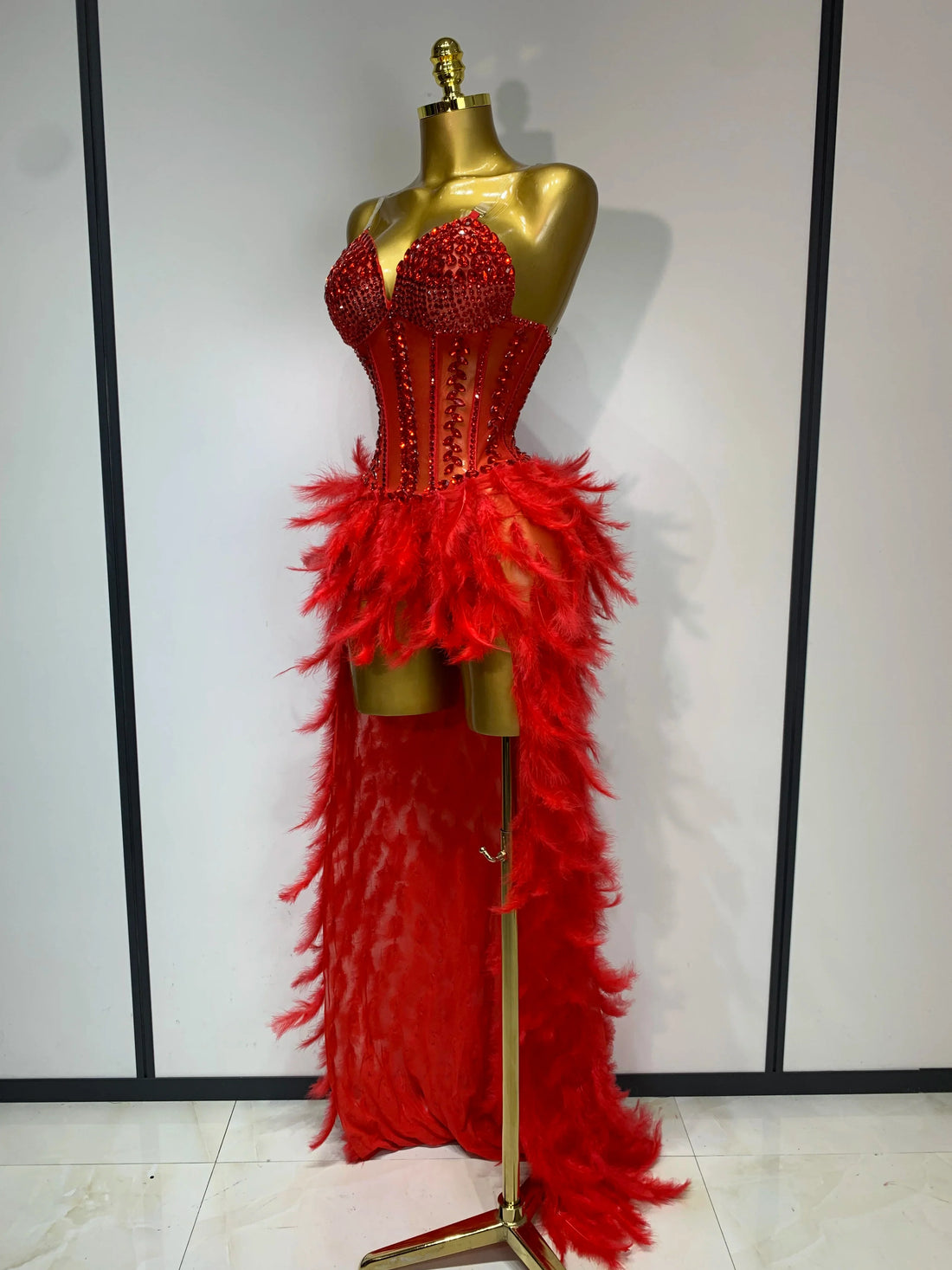 Sparkly Rhinestones Bodysuit Feathers Long Tail Dress Sexy Mesh Transparent Evening Party Celebrate Birthday Dress Stage Outfit Red