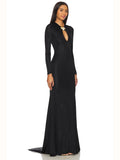 Sophisticated Long Sleeved Black Maxi Dress with Cut-Out and Open Back for Gala Affairs Evening Gown