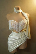 Summer Beading Tassel Sexy See Through STrapless Top And Mini Skirt 2 Pieces Woman Set Party Vestido Performances Costume Beige