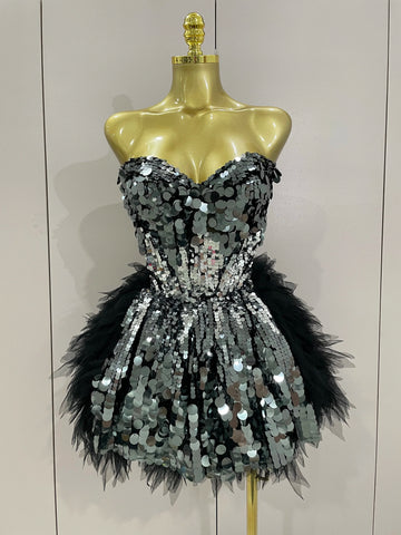 Sparkly Black Sequins Two Pieces Set Women Party Evening Prom Celebrate Birthday Dress Nightclub Photo Shoot Stage Costume MULTI