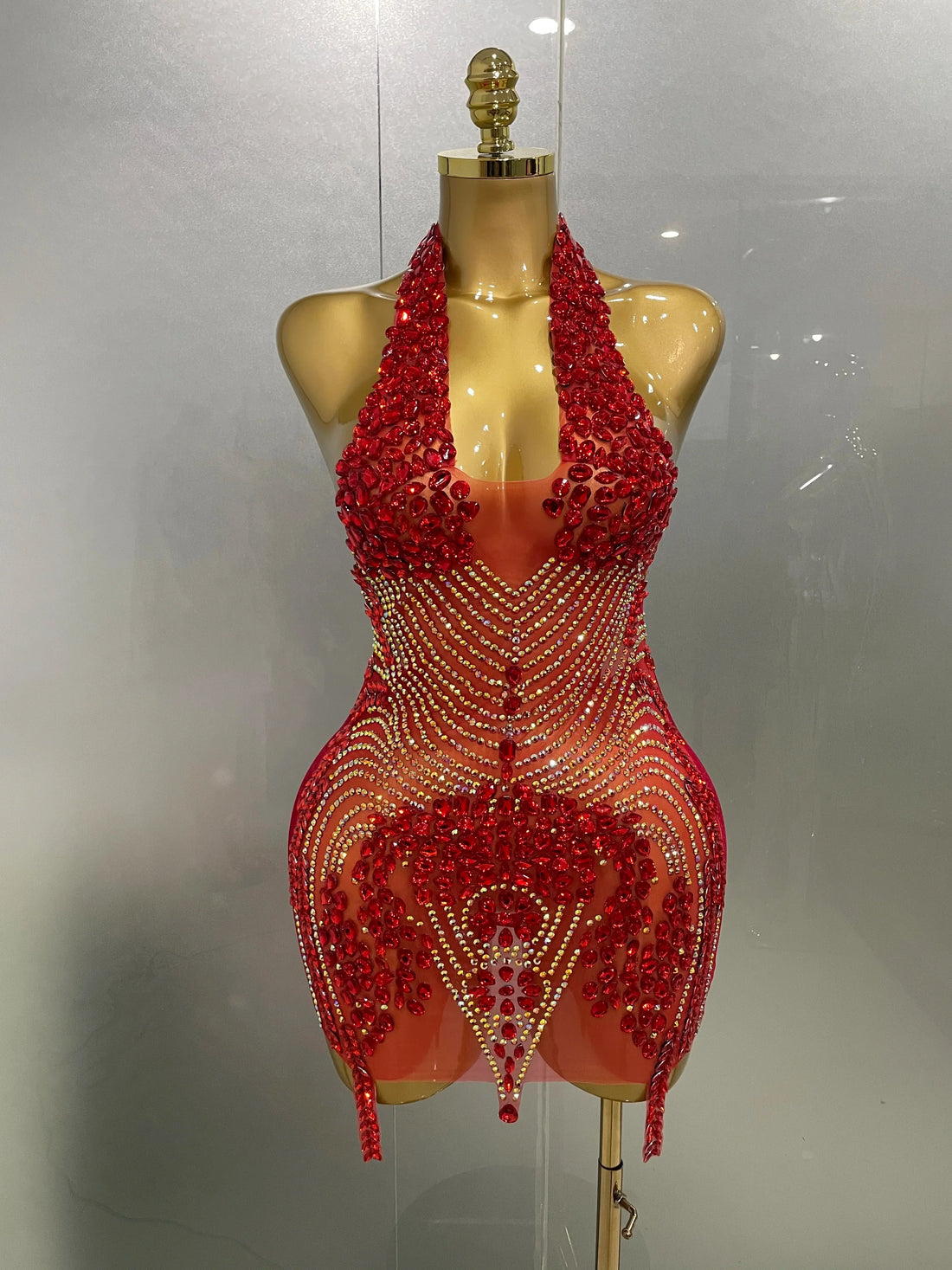 Sexy Red Sparkly Rhinestones Halter Backless Velour Short Dress Women Evening Prom Celebrate Birthday Party Stage Wear Red