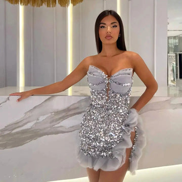 Sliver Sequins Sexy Deep V Strapless Falbala Mini Dress Fashion Woman Evening Party Dress Celebrity Birthday Party Outfit Silver
