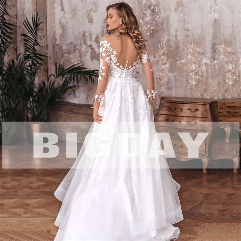 Gaun Perkahwinan A-Line Elegant Wanita Terbuka Back V-Neck Lace Long Side Side Split Tulle Bridal Gown Sweep Train Vestidos De Noiva