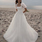 DREAM فستان زفاف بسيط برقبة مربعة للنساء وأكمام قصيرة منتفخة على شكل حرف A فستان زفاف أنيق