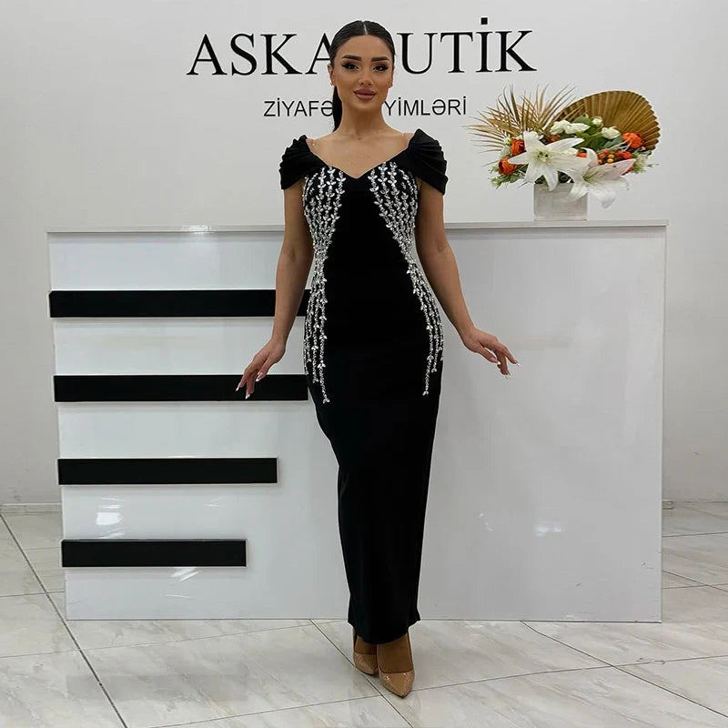 Top Quality Shinning Crystal Women Sexy Short Sleeve V-Neck Bodycon Bandage Long Dress Elegant Evening Party Celebrate Outfit