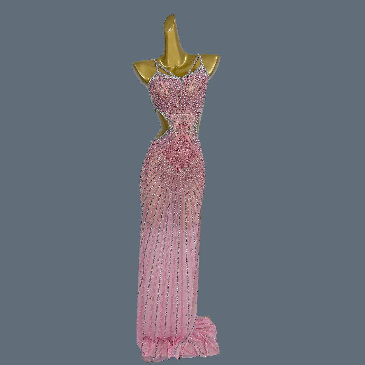 Elegant Crystal Party Evening Gown Cocktail Long Dress Dinner Gown Women Costume Sexy Sparkly Rhinestone Club Party Dress Xigua Pink One Size