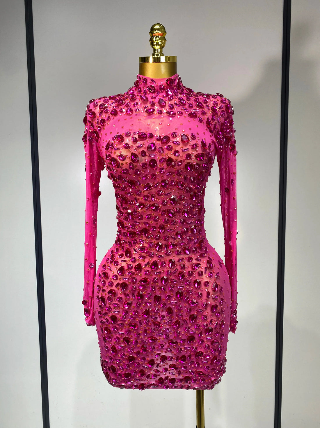 Women Sexy Mesh Rhinestones Mini Dresses Luxury Birthday Evening Party Celebrate Prom Gown Nightclub Singer Stage Outfit Rose Red