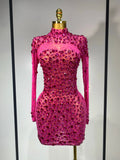 Women Sexy Mesh Rhinestones Mini Dresses Luxury Birthday Evening Party Celebrate Prom Gown Nightclub Singer Stage Outfit Rose Red