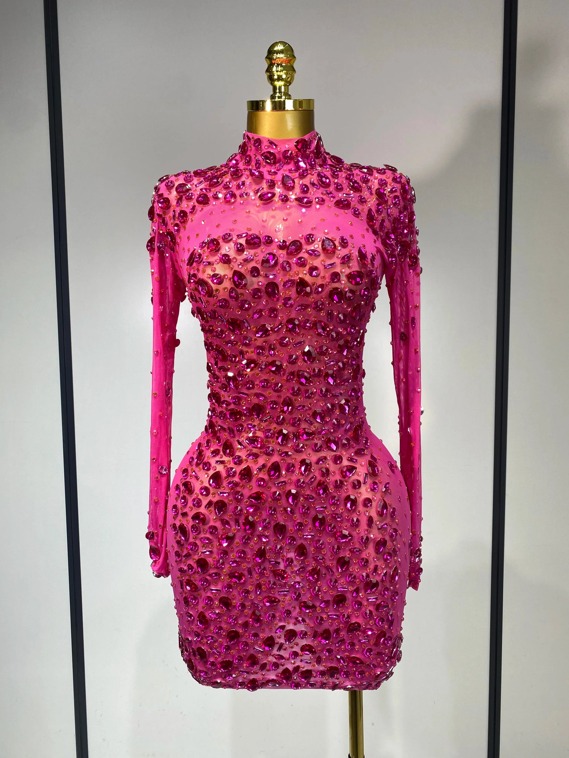 Women Sexy Mesh Rhinestones Mini Dresses Luxury Birthday Evening Party Celebrate Prom Gown Nightclub Singer Stage Outfit Rose Red