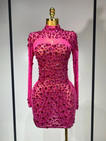 Women Sexy Mesh Rhinestones Mini Dresses Luxury Birthday Evening Party Celebrate Prom Gown Nightclub Singer Stage Outfit Rose Red
