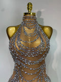 Luxury Rhinestone Sparkly Sexy Transparent Mesh Long Dress Women Birthday Party Gown Stage Singer Performance Costume