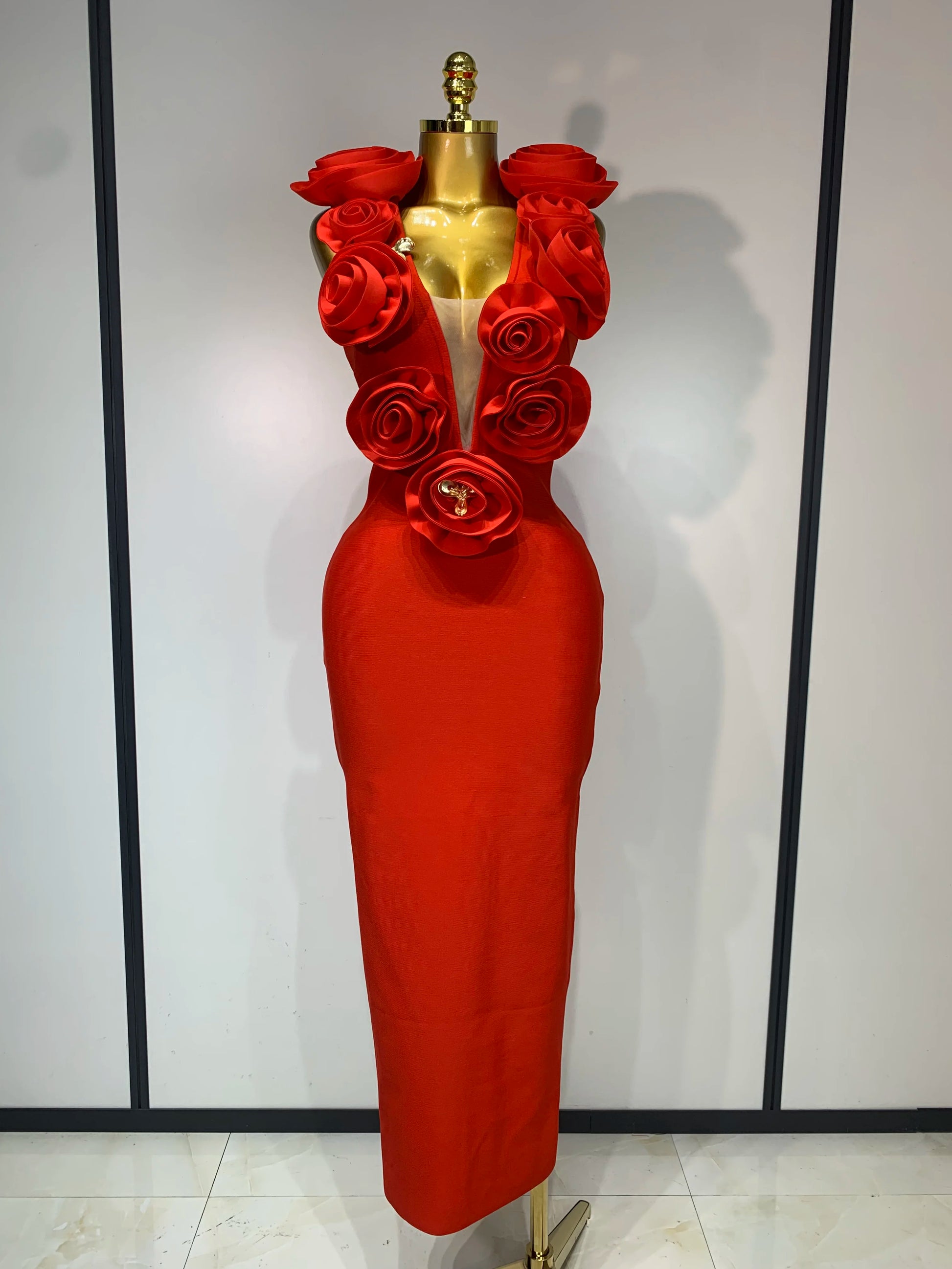 Fashion 3D Flower Sleeveless Bodycon Bandage Dress Women Celebrity Elegant Party Club Luxury Birthday Dress Vestidos Red