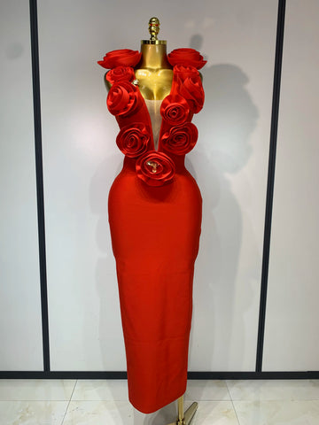 Fashion 3D Flower Sleeveless Bodycon Bandage Dress Women Celebrity Elegant Party Club Luxury Birthday Dress Vestidos Red
