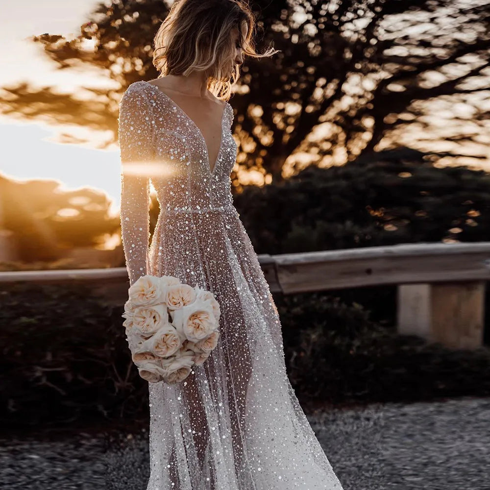 Vestidos de noiva de sereia transparente sexy Glitter-deco