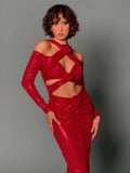 Summer New Women's Sexy V-neck Long sleeves Flower Decoration Sequins Mermaid Bodycon Celebrity Party Evening Dress
