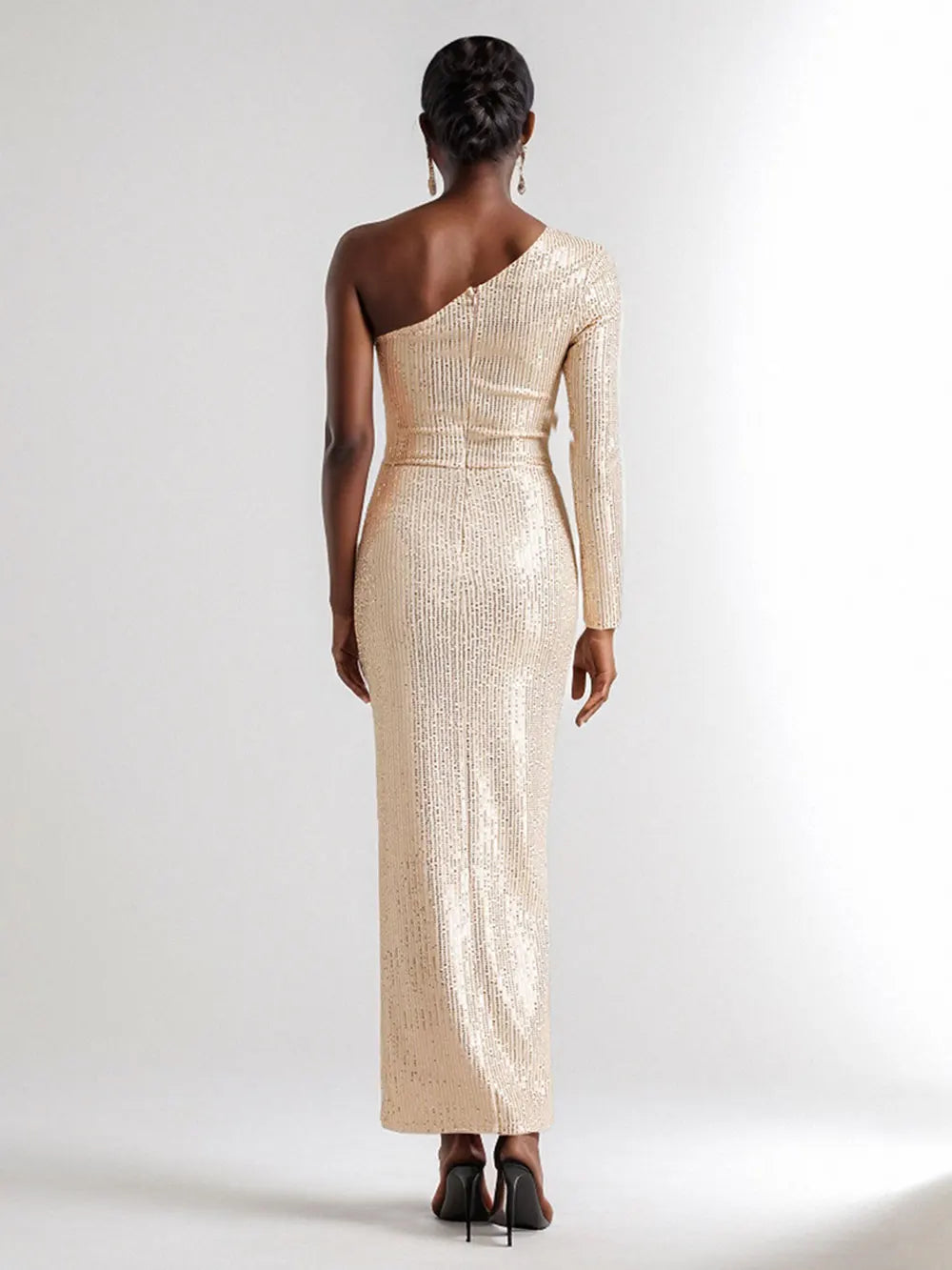 Women's Light Luxury Glitter Dress with Diagonal Collar Single Shoulder Sleeve 3D Flower Decoration Bodycon Long Dresses