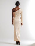 Women's Light Luxury Glitter Dress with Diagonal Collar Single Shoulder Sleeve 3D Flower Decoration Bodycon Long Dresses