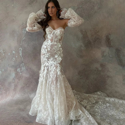 Vestidos de novia de sirena con apliques de corazón y mangas abullonadas, vestidos largos de fiesta para novias, vestidos de novia con tren de barrido