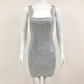 Summer New Women's Sexy Sleeveless Diamond Lace Up Mini Dress Shiny Crystals Bodycon Celebrity Club Party Cocktail Dress silver