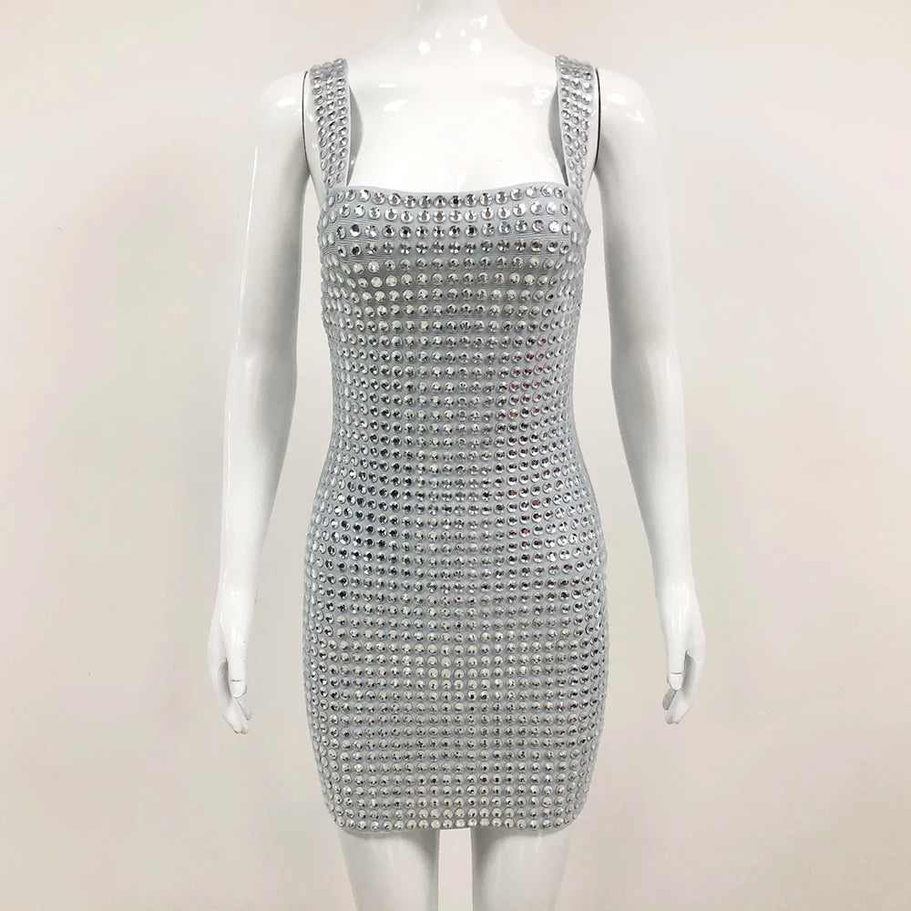 Summer New Women's Sexy Sleeveless Diamond Lace Up Mini Dress Shiny Crystals Bodycon Celebrity Club Party Cocktail Dress silver