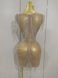 Sparkly Diamonds Crystal Sexy Mesh See Through Mini Dress Women Birthday Party Club Celebrate Stage Performance Costume