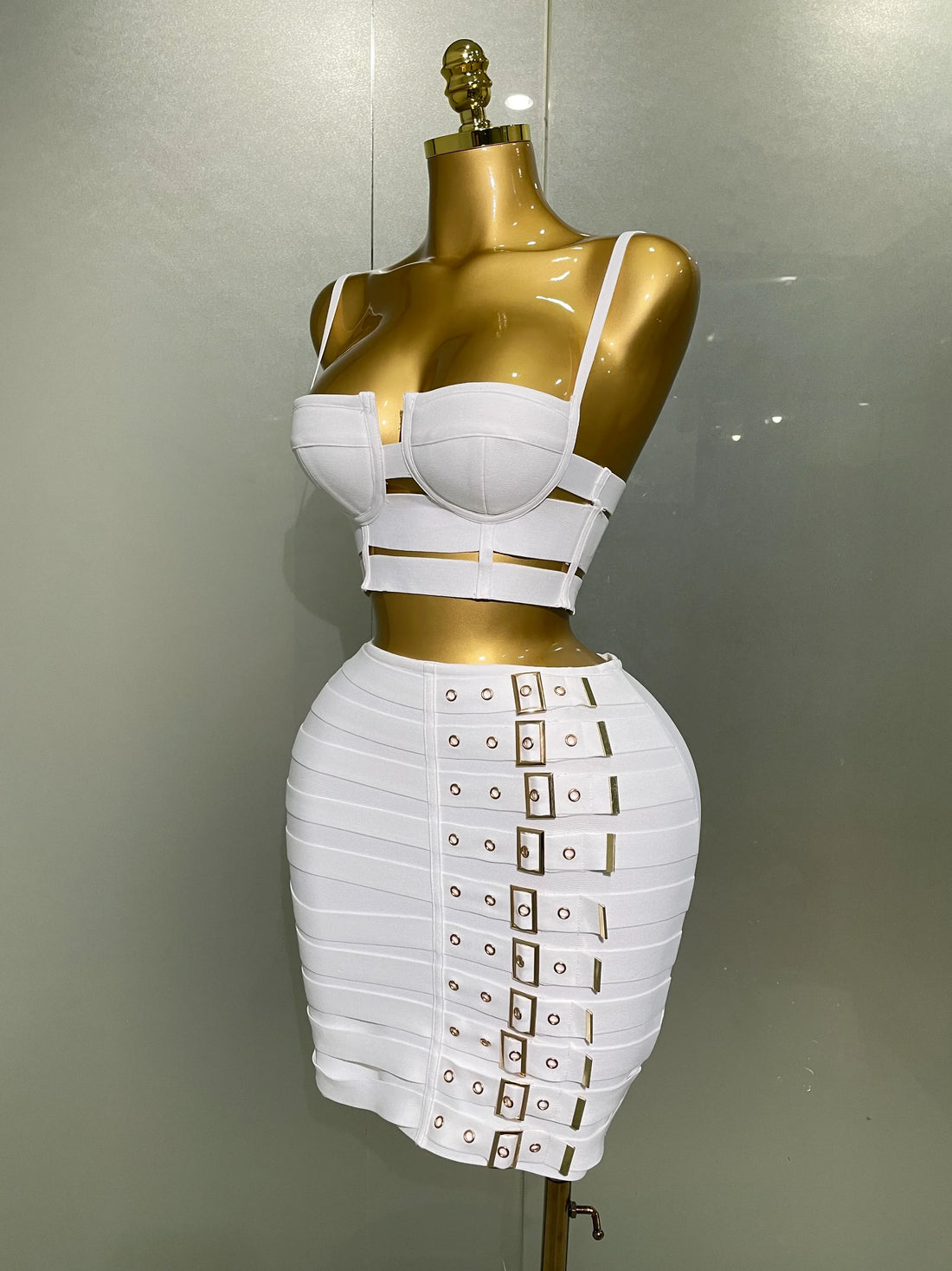 Women Sexy Bandage Tops Fashion Pencil Skirts Set Nightclub Party Celebrate Women's Set WHITE