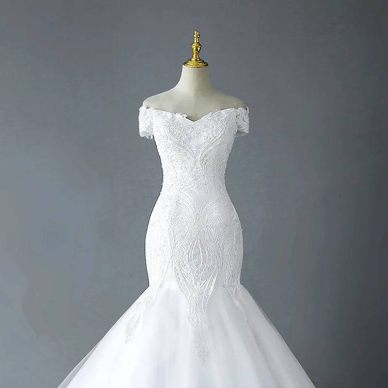 Neue Boho Brautkleider von Schulter Meerjungfrau Hochzeitskleid Luxus Spitzen Trompete Kleid Real Photo Vestido de Noiva