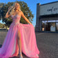 Pink Lace Appliques Tulle Prom Dresses Strapless A-line vestidos de noche Elegant Sleeveless Side Split Formal Evening