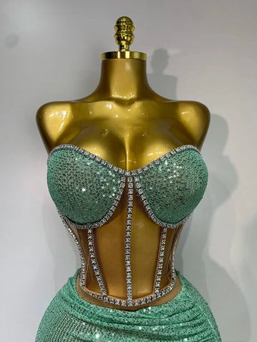 Women Sexy Nightclub Skirt Sets Strapless Diamonds Sequines Two Piece Sets Gogo Performance Outfit Evening Party Birthday Dress