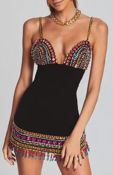 Colorful Diamonds Sexy V-Neck Spaghetti Strap Mini Bandage Dress Fashion Woman Evening Dress Holiday Vocation Vestido black