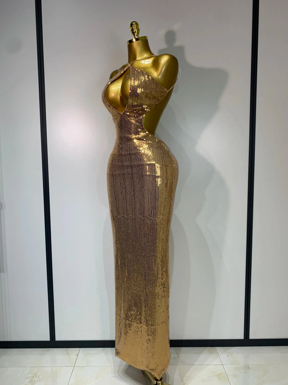 Luxury Sexy Backless Halter Gold Glitter Sequins Maxi Long Dress Elegant Sparkly Evening Party Club Dress Wedding Guest Gown Gold