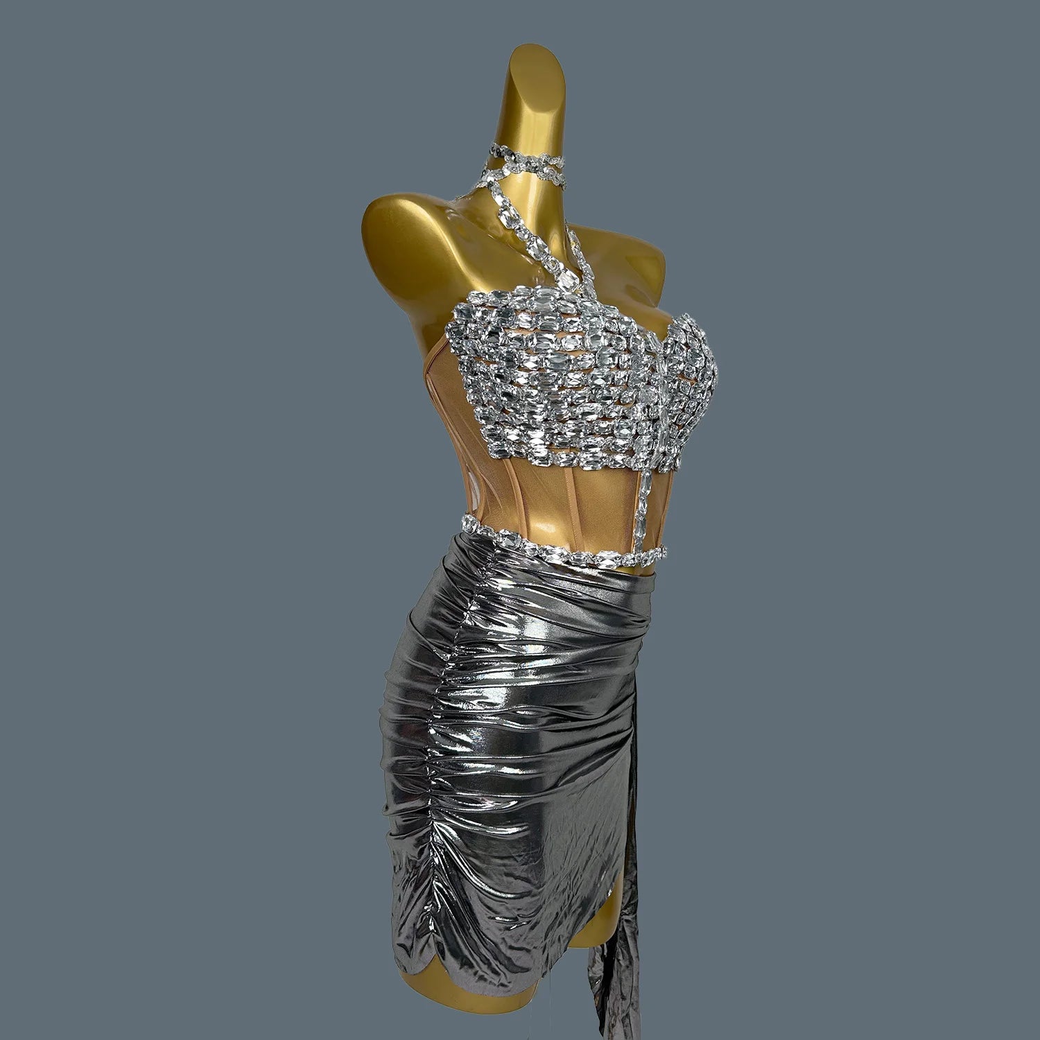 Luxurious Diamond Cocktail Dress 2-Piece Set Nightclub Prom Gown Sexy Girls Short Prom Dress Birthday Party Mini Dress Zhuantou